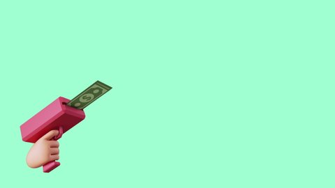 looped animation of 3d icon, cartoon hand holds red money gun throwing dollar banknotes, automatic spender concept, isolated on mint green background