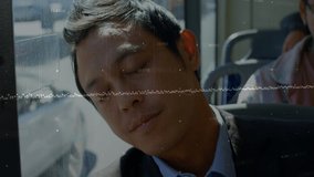 Financial data processing against asian businessman sleeping in bus. Global finance and business technology concept - Powered by Shutterstock - Get 15% off with code: PIKWIZARD15