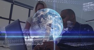 Animation of globe and financial data processing over diverse business people. Global business, computing and digital interface concept digitally generated video.