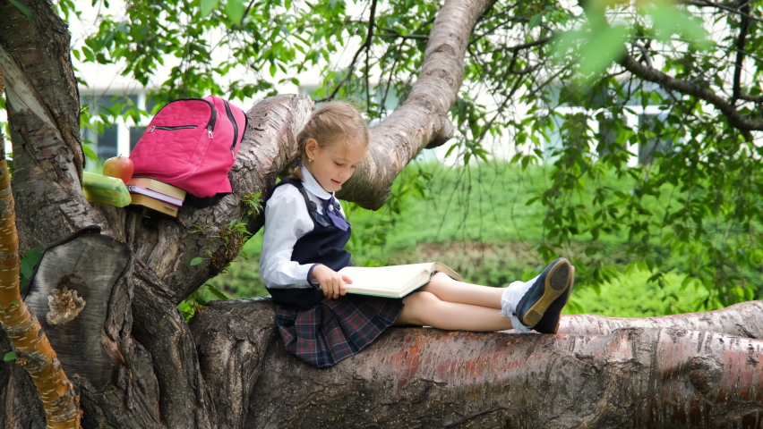 Little girl in school uniform relaxing on a tree branch and reading a book in spring or summer day. Literature, education and back to school concept | Shutterstock HD Video #1091887303