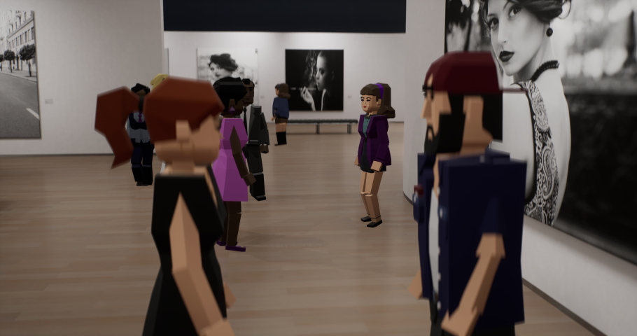 People at a virtual art exhibition of paintings. Nft artist presents his digital versions of works. Avatars in the Metaverse. Fashion art retail concept. Generic 3d rendering Royalty-Free Stock Footage #1091889533