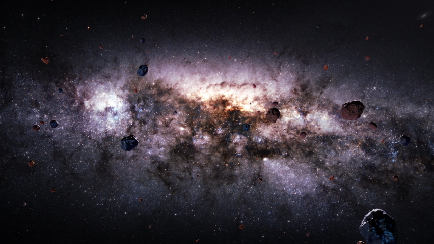 Galaxy space flight exploration space rock scence at NGC 4631 the Whale galaxy . 4K looping animation of flying through glowing nebulae, clouds and stars field.