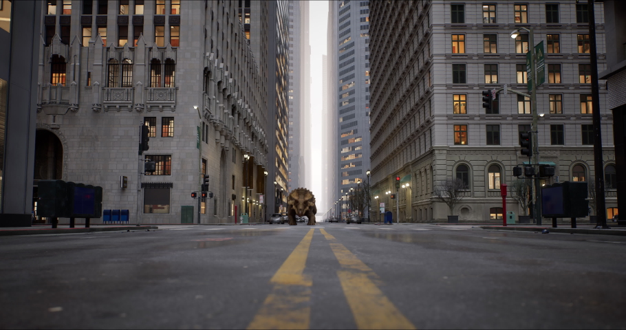 Triceratops herd walks down a New York street. Dinosaur. High skyscrapers downtown in the big city. USA, North America. 3D rendering