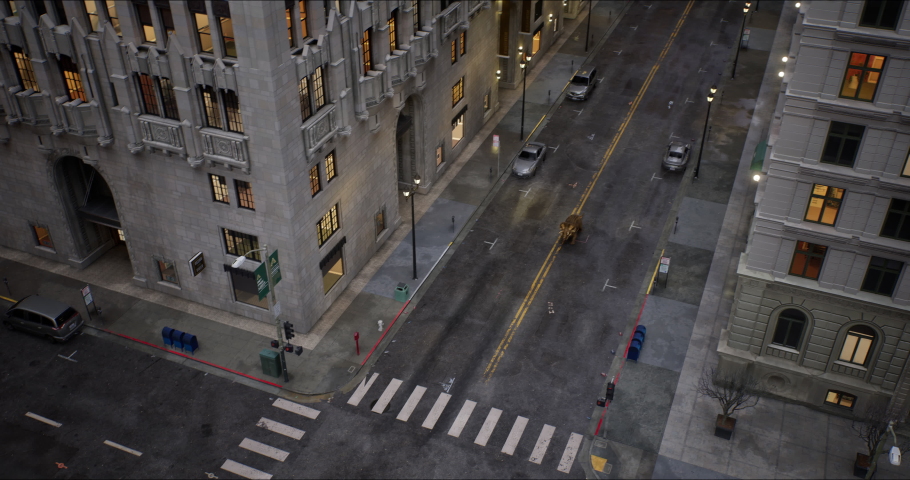Triceratops herd walks down a New York street. Dinosaur. High skyscrapers downtown in the big city. USA, North America. 3D rendering