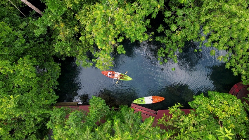 Couple in a kayak in the jungle of Krabi Thailand, men and woman in kayak at a tropical jungle in Krabi mangrove forest.  | Shutterstock HD Video #1091897029