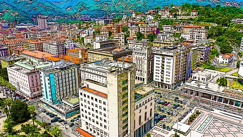 La Spezia, Italy. The Palazzo Comunale city hall dominates the central foreground with its tall rectangular mass, square corner tower, and high portico, set against a dense urban backdrop of varied residential and civic buildings climbing the surrounding Ligurian hills. The scene unfolds under bright daylight with saturated blues, greens, and warm earth tones rendered in bold black outlines and flat color fills typical of animated illustration. The camera pulls back smoothly from a close aerial vantage to a wider panoramic sweep, revealing the geometric plaza patterns, tree-lined streets, and the layered cityscape extending toward the hazy blue sea on the horizon. The overall atmosphere is vibrant and summery, capturing the administrative heart of this northwestern Italian port city in a playful, poster-like visual treatment, Departure of the camera. Color sketch in cartoon style.