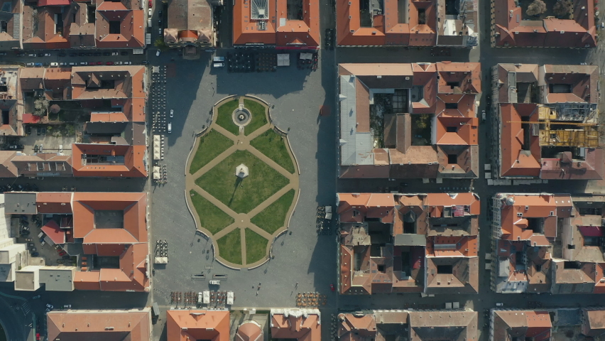 Historical buildings and old square from Timisoara city, Romania. CCA. 2020 - during the COVID-19 pandemic.