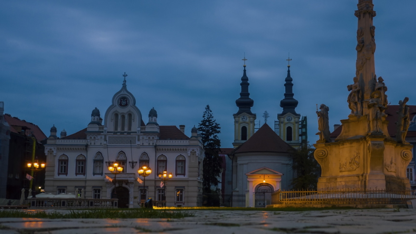 Historic center of Timisoara at night. Public institutions with lights and long exposure. Timisoara is the capital of Banat where the Romanian revolution began in December 1989. Romania - CCA. 2020