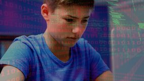 Animation of data processing over caucasian boy using laptop. School, education, learning with technology concept digitally generated video.