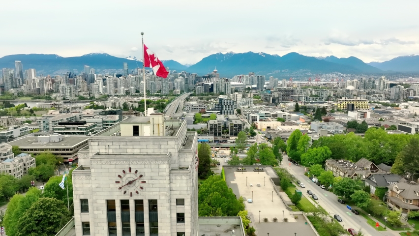Drone Dolly Above Vancouver City Hall In Vancouver Downtown, British Columbia, Canada. Aerial Shot