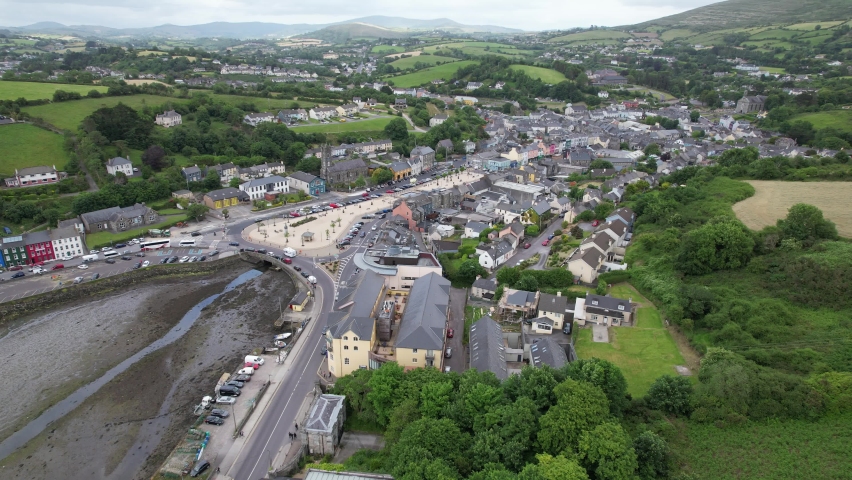Bantry town in south west County Cork, Ireland panning aerial drone view