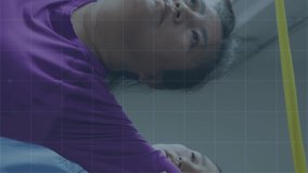 Animation of scope scanning and data processing over asian woman exercising with nurse. global technology, connections and digital interface concept digitally generated video.