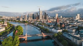 Establishing Aerial View Shot of Frankfurt am Main De, financial capital of Europe, Hesse, Germany, push into city through bridges