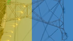 Animation of flag of ukraine over electricity pole and traffic at sunset. ukraine crisis and international politics concept digitally generated video.