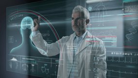 futuristic medicine science,scientist using graphic interface studying human body,new medical technology,doctor researcher uses augmented reality touch screen - Powered by Shutterstock - Get 15% off with code: PIKWIZARD15
