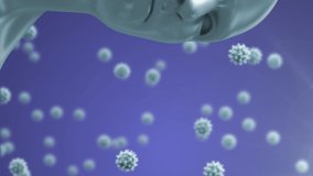 Animation of virus cells floating over human head on blue background. global medicine during covid 19 pandemic concept digitally generated video.