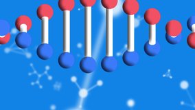 Animation of dna strand spinning and molecules on blue background. science and research concept digitally generated video.