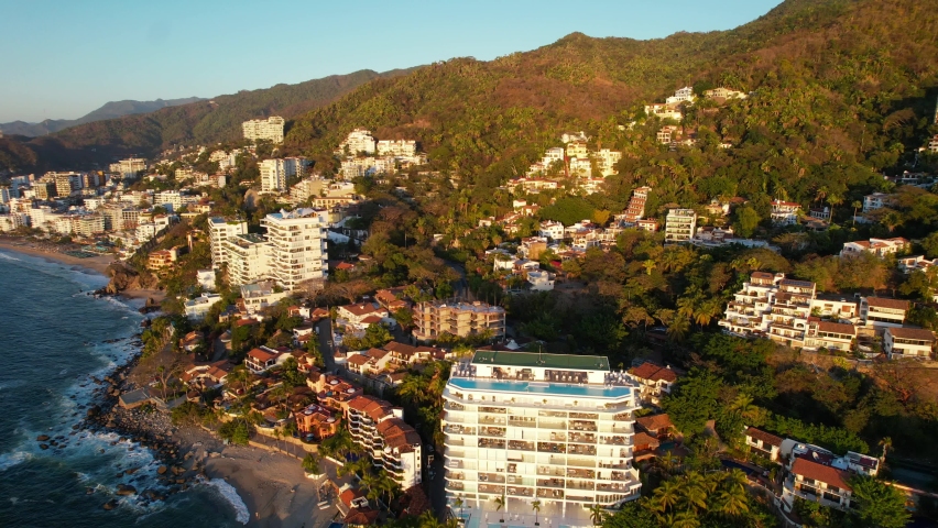 Rocky mountainous coastline beach in Playa Amapas in Puerto Vallarta Mexico, aerial