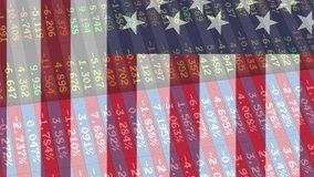 Animation of financial data processing over flags of united states of america. american patriotism, independence and business concept digitally generated video,