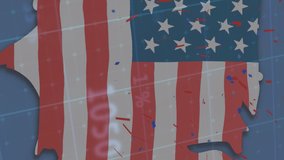Animation of american flag, hat and map with lines and statistics processing. american patriotism, independence and business concept digitally generated video.