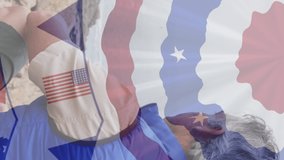 Animation of flag of united states of america over senior man in mountains. american history, patriotism and independence concept digitally generated video.