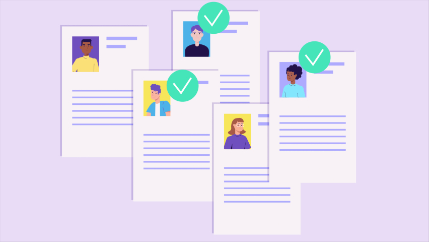 Animation of curriculum vitae papers with photo. Hiring concept, new employees, recruitment. Choose best job candidates, resume. Human resource management, Job interview. Cartoon style animated video