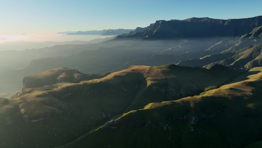 AERIAL WS Green Drakensberg mountains in mist, South Africa