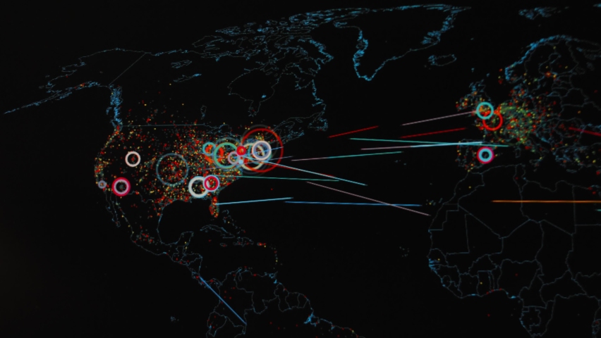 World map with different targets for cyber attack. Hacking and technology concept. Macro shooting at monitor pixels. Panic effect Royalty-Free Stock Footage #1091955625