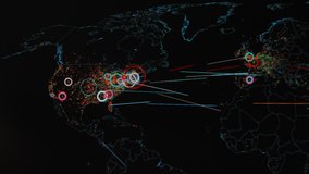 World map with different targets for cyber attack. Hacking and technology concept. Macro shooting at monitor pixels. Panic effect - Powered by Shutterstock - Get 15% off with code: PIKWIZARD15