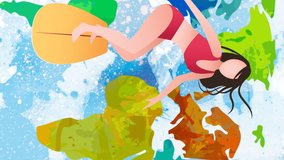 Animation of cartoon woman surfboarding over world map on white background with blue stains. water sports, active lifestyle and vacations concept digitally generated video.