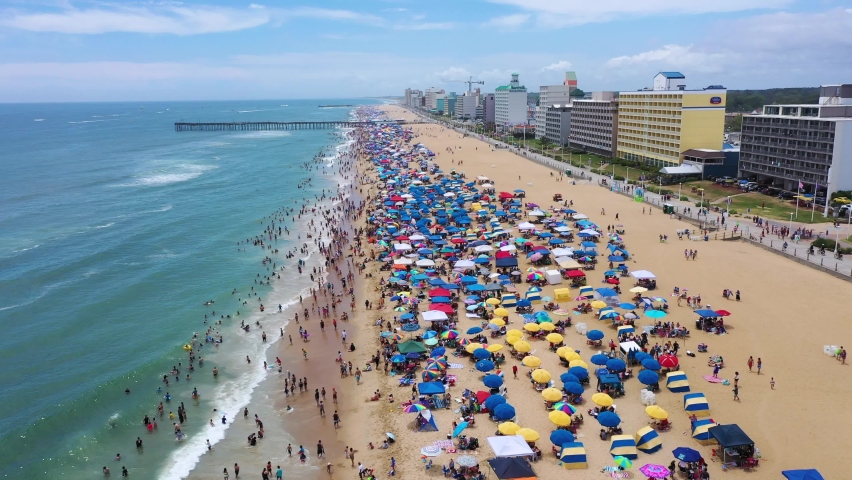 Virginia Beach Virginia - July 3 2022: Aerial View of the crowded Virginia Beach oceanfront during the 4th of July weekend