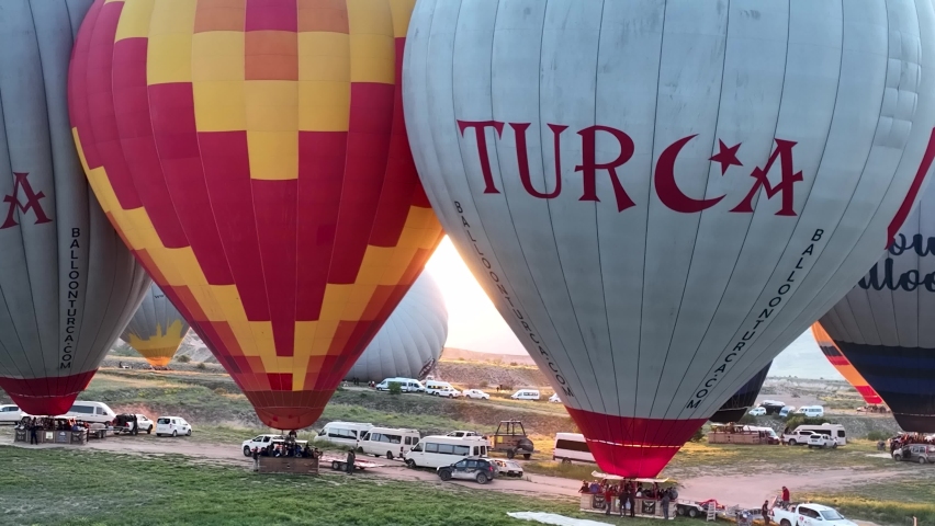 Aerial view Hot air baloons The famous city of Cappadocia, Turkey.