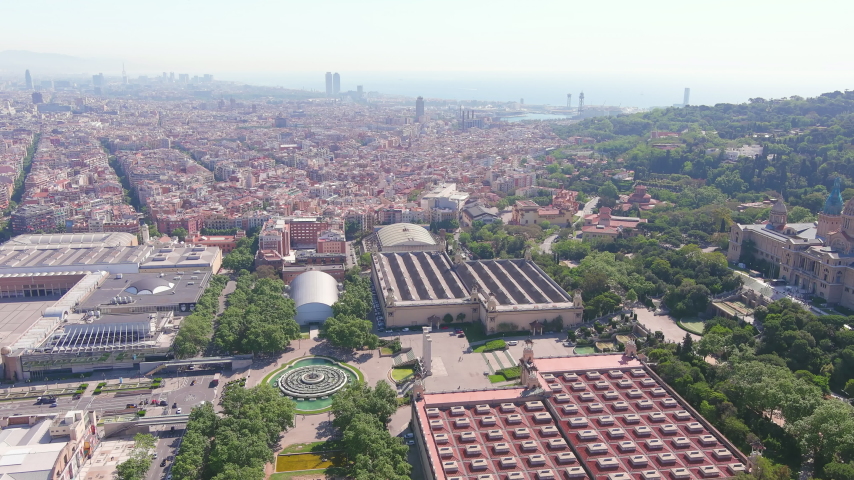 Barcelona, Spain: Aerial view of capital city of Catalonia, famous Magic Fountain of Montjuïc (Font Màgica de Montjuïc) - landscape panorama of Europe from above