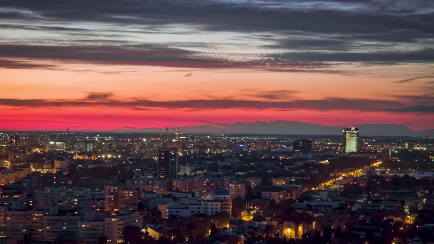  Aerial panoramic Of Bucharest City Skyline With A Beautiful Sunset Sky  Royalty-Free Stock Footage #1091979867