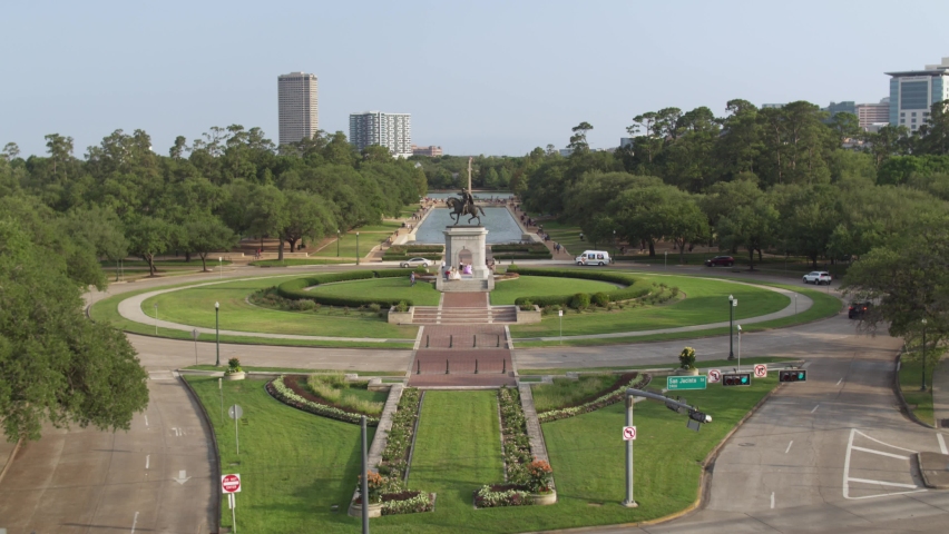 Drone view of the Sam Houston Statue in Hermann Park in Houston, Texas