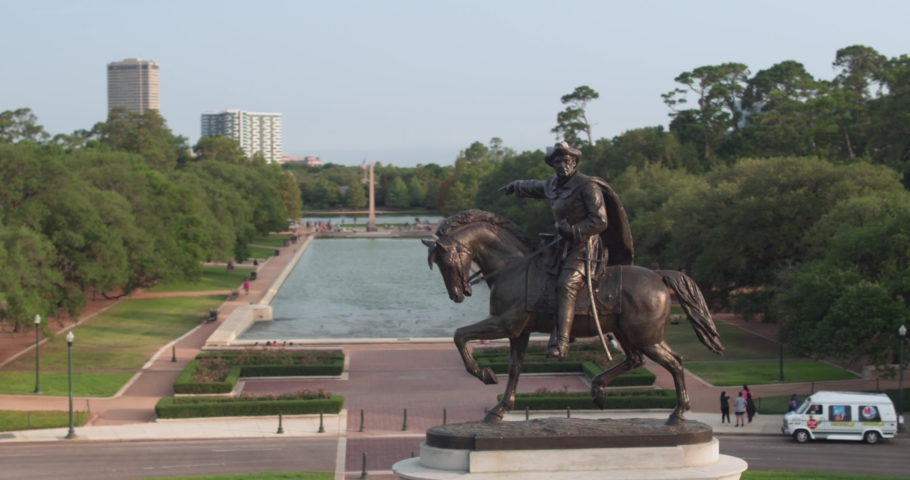 Drone view of the Sam Houston Statue in Hermann Park in Houston, Texas