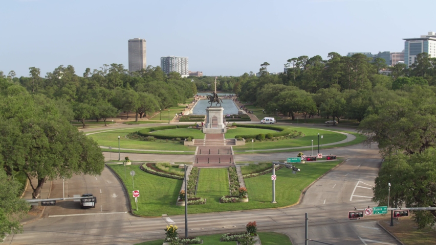 Drone view of the Sam Houston Statue in Hermann Park in Houston, Texas