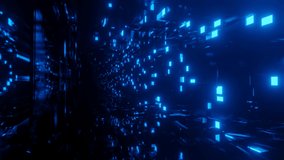 Tunnel of glass luminous blocks. Fly through technology cyberspace with neon glow. Sci-fi flight through hi-tech technology tunnel. Hologram and neon light. 3d looped seamless 4k bg. Data flow