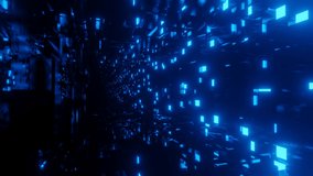 Tunnel of glass luminous blocks. Fly through technology cyberspace with neon glow. Sci-fi flight through hi-tech technology tunnel. Hologram and neon light. 3d looped seamless 4k bg. Data flow
