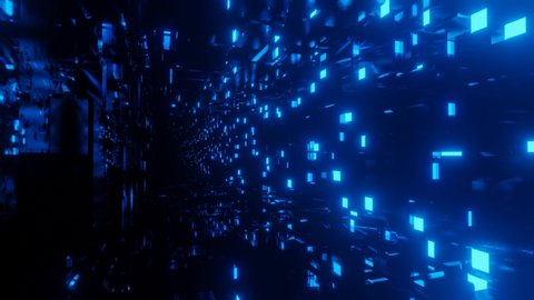 Tunnel of glass luminous blocks. Fly through technology cyberspace with neon glow. Sci-fi flight through hi-tech technology tunnel. Hologram and neon light. 3d looped seamless 4k bg. Data flow วิดีโอสต็อก