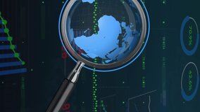 Animation of financial data processing and magnifying glass over navy background. global connections, business, digital interface, technology and networking concept digitally generated video.