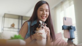 Young girl play  reel   app with little cute puppy dog sit at sofa couch home Asia Gen Z people r influencer pet lover live show selfie viral video with small animal on phone - Powered by Shutterstock - Get 15% off with code: PIKWIZARD15