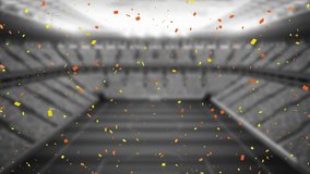 Animation of confetti falling over sport stadium. Sport, competition and celebration concept digitally generated video.