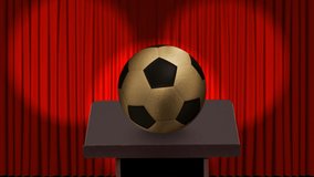 Animation of confetti falling over soccer ball and red curtain. Sport, competition and celebration concept digitally generated video.