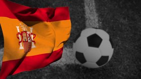 Animation of flag of spain over soccer ball. Sport, competition and celebration concept digitally generated video.