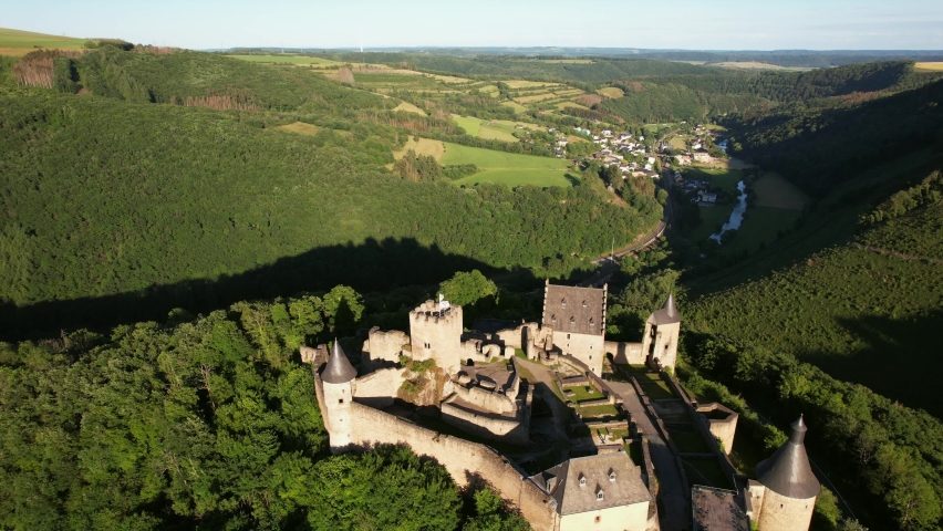Bourscheid Castle is located near the village of Bourscheid in the north of Luxembourg. It is a medieval castle dating back to Roman times, and it has a circular wall with multiple watch towers.