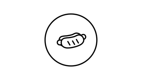 Hotdog fast food meal,  outline icon in circle, black and white drawing, video animation, self drawing.