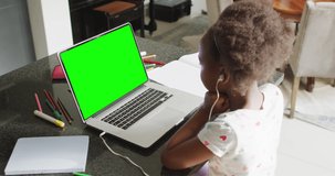 Animation of african american girl in earphones having online lessons on laptop with copy space. Homeschooling, education and learning with technology concept digitally generated video.