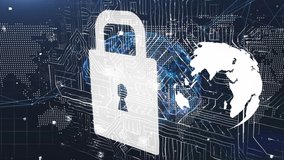 Animation of digital padlock, globe, connections and integrated circuit on navy background. Global network, data safety, security and technology concept digitally generated video. - Powered by Shutterstock - Get 15% off with code: PIKWIZARD15