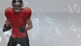 Animation of digital screen with data over diverse male american football players. Sport, competition, data processing and technology concept digitally generated video.